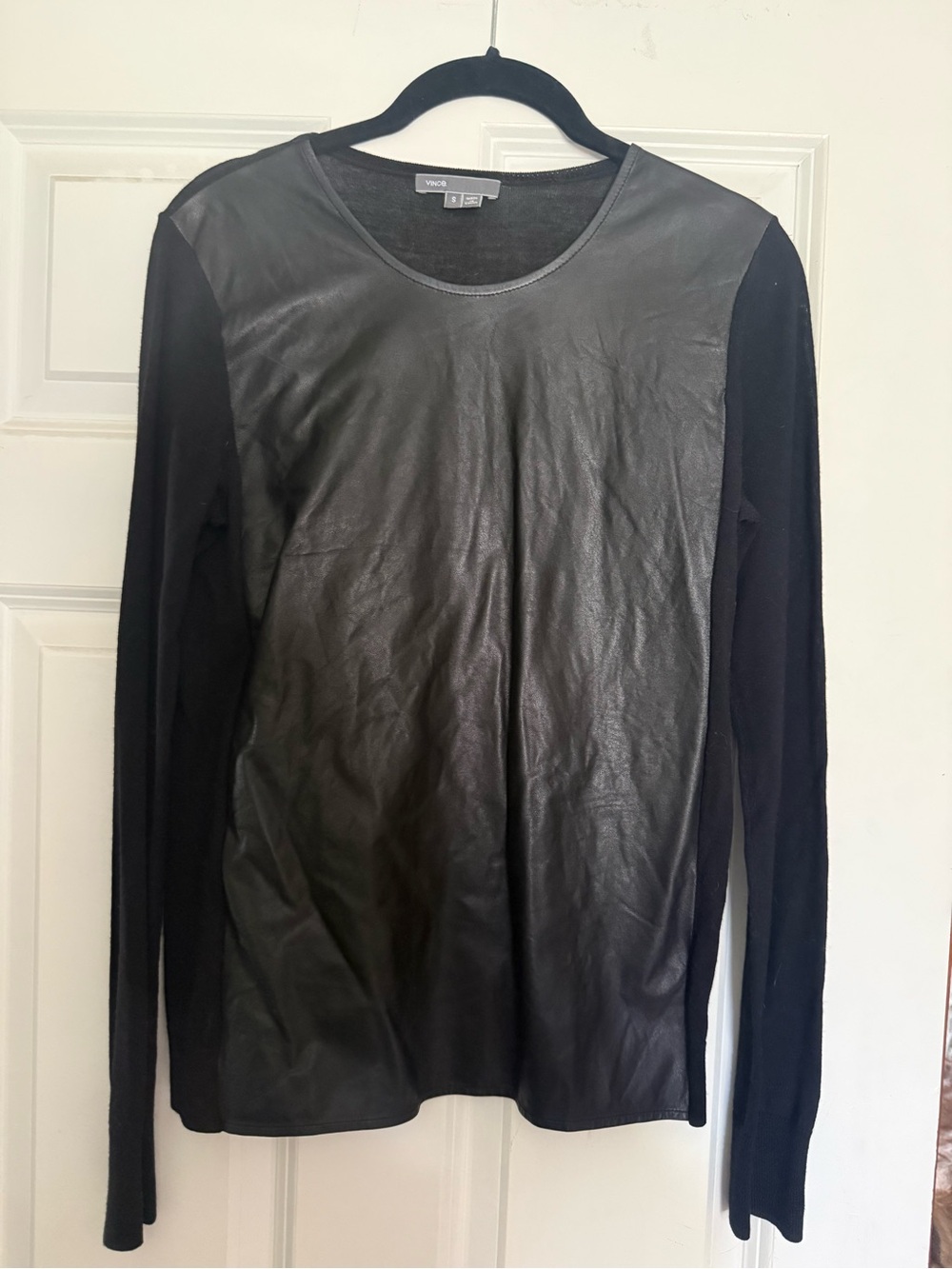 Vince Black Faux-Leather Front Scoop Neck Top
